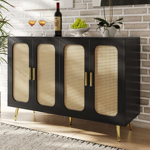 Sort rattan buffet skænk, 4 låger, håndlavede opbevaringsskabe i træ, separate skabe, trækøkken, til spisestue, stue