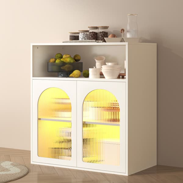 Valkoinen minimalistinen buffet-senkki, lasiovi ja LED-valosäilytyskaappi, 2 ovea ja avohyllyt, vapaasti seisova puukaappi, keittiöön, olohuoneeseen