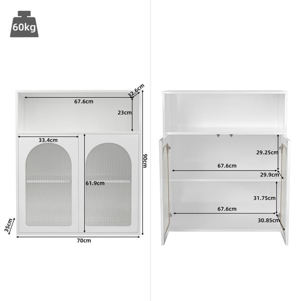 Valkoinen minimalistinen buffet-senkki, lasiovi ja LED-valosäilytyskaappi, 2 ovea ja avohyllyt, vapaasti seisova puukaappi, keittiöön, olohuoneeseen