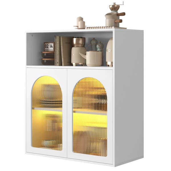 Valkoinen minimalistinen buffet-senkki, lasiovi ja LED-valosäilytyskaappi, 2 ovea ja avohyllyt, vapaasti seisova puukaappi, keittiöön, olohuoneeseen