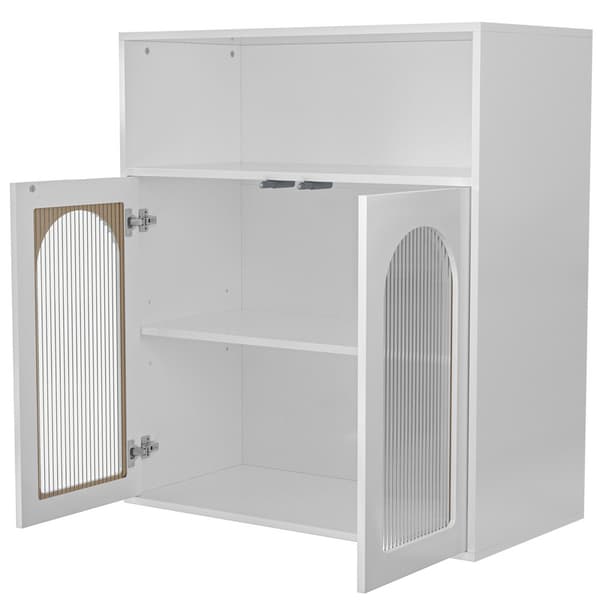 Valkoinen minimalistinen buffet-senkki, lasiovi ja LED-valosäilytyskaappi, 2 ovea ja avohyllyt, vapaasti seisova puukaappi, keittiöön, olohuoneeseen