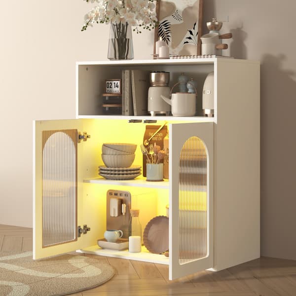 Valkoinen minimalistinen buffet-senkki, lasiovi ja LED-valosäilytyskaappi, 2 ovea ja avohyllyt, vapaasti seisova puukaappi, keittiöön, olohuoneeseen