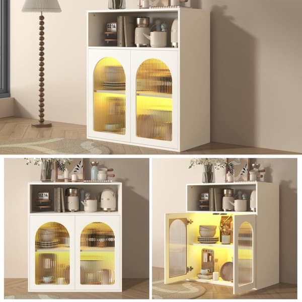 Valkoinen minimalistinen buffet-senkki, lasiovi ja LED-valosäilytyskaappi, 2 ovea ja avohyllyt, vapaasti seisova puukaappi, keittiöön, olohuoneeseen