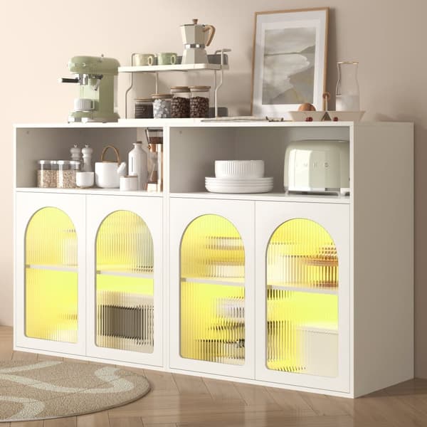 Valkoinen moderni buffet-senkki, senkki lasiovella ja LED-puukaapilla, erillinen kaappi keittiössä ruokasaliin, olohuoneeseen