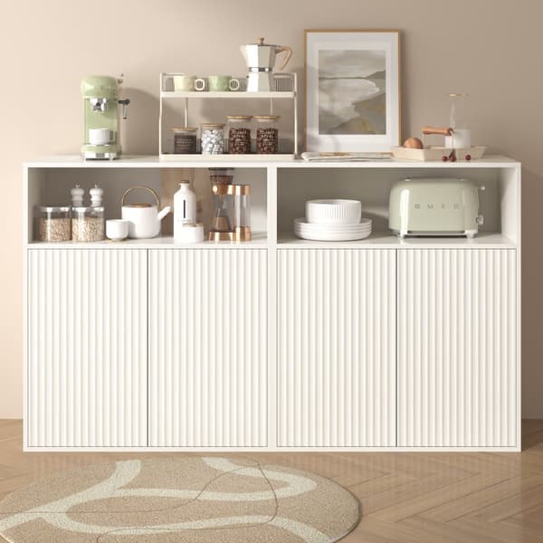Vit minimalistisk buffé skänk, skänk med magnetisk dörr, med öppna hyllor och förvaring, separat träskåp, för kök, vardagsrum