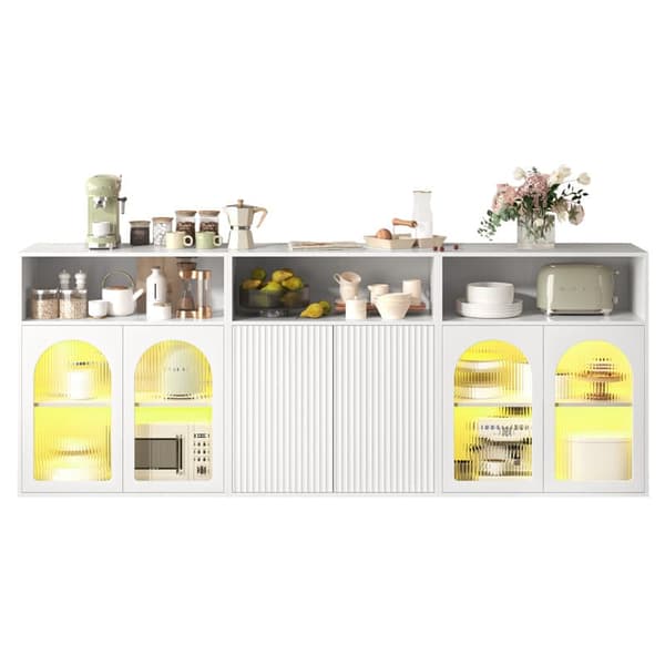 Valkoinen moderni buffet-senkki, senkki lasiovella ja LED-puuläpipaino-ovella, keittiön erillinen kaappi kotiin, olohuoneeseen