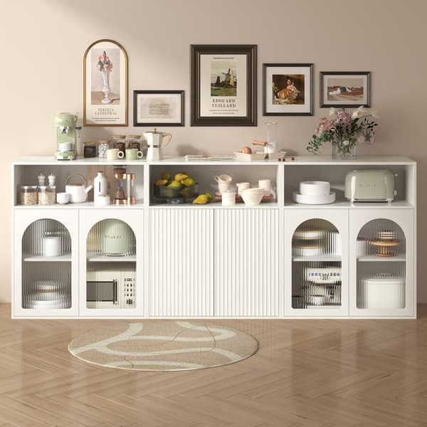 Valkoinen moderni buffet-senkki, senkki lasiovella ja LED-puuläpipaino-ovella, keittiön erillinen kaappi kotiin, olohuoneeseen