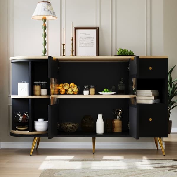 Musta buffet-senkki, olohuoneen säilytyskaappi lasiliukuovilla ja LED-valoilla, puinen kirjahylly, vapaasti seisovat kaapit