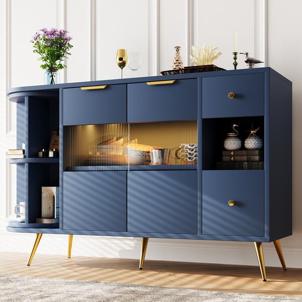 Sininen buffet-senkki, olohuoneen säilytyskaappi lasiliukuovella ja LED-valoilla, puinen kirjahylly, vapaasti seisova kaappi, ruokailutila