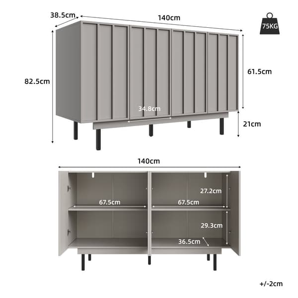Esszimmerschrank 140x38,5x82,5cm, minimalistisk gråt opbevaringsskab til stue og spisestue med unikt dørdesign