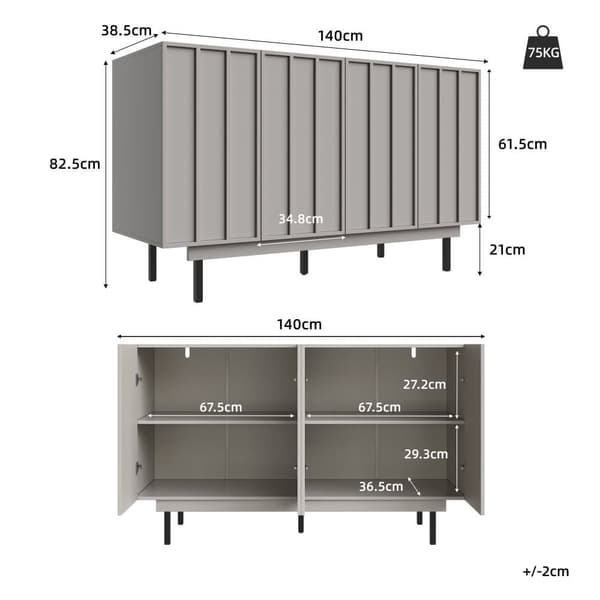 Esszimmerschrank 140x38,5x82,5cm, minimalistisk gråt opbevaringsskab til stue og spisestue med unikt dørdesign