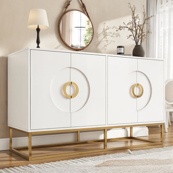 Esszimmerschrank 140x40x83cm, minimalistiskt vit förvaringsskåp för vardagsrum och matrum med rund dörrdesign