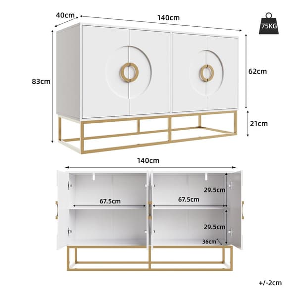 Esszimmerschrank 140x40x83cm, minimalistiskt vit förvaringsskåp för vardagsrum och matrum med rund dörrdesign