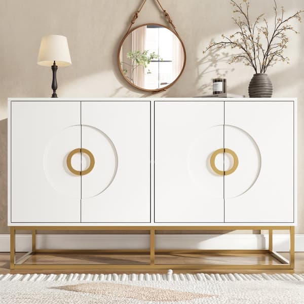 Esszimmerschrank 140x40x83cm, minimalistiskt vit förvaringsskåp för vardagsrum och matrum med rund dörrdesign