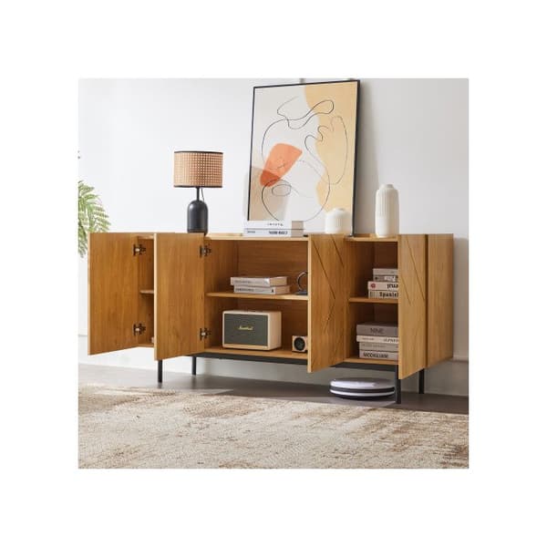 Buffé med 4 dörrar och metallinsatser i naturträ - Mått: H78 cm / B160 cm / D40 cm