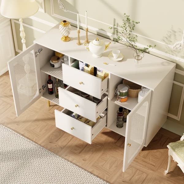 Hvid minimalistisk buffet skænk, PE rattan låger, opbevaringsskab med skuffer, fritstående træskab, til køkken, stue