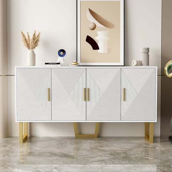 150 cm moderne luksus hvid skænk med højglans teksturerede låger og guldgreb, 4-dørs design, højdejusterbare hylder