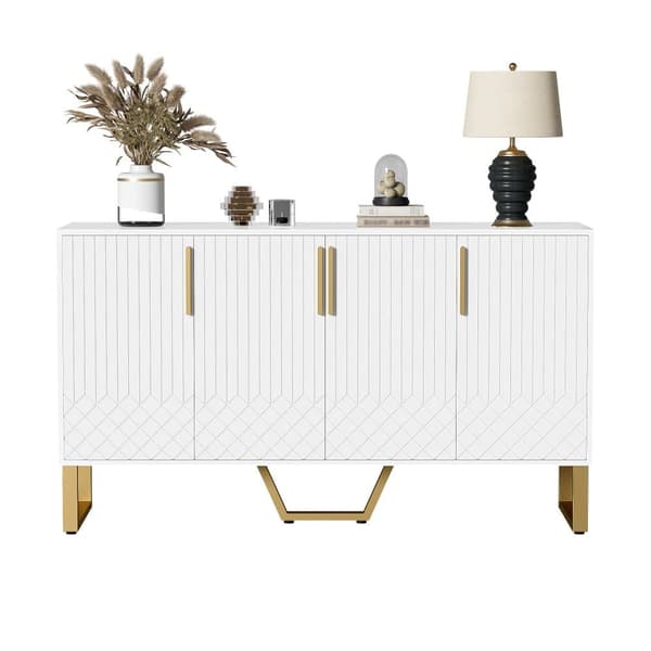 Vit högblank bufféskänk, 4 dörrar, metallhandtag och ben, vit geometrisk design, för kök och vardagsrum