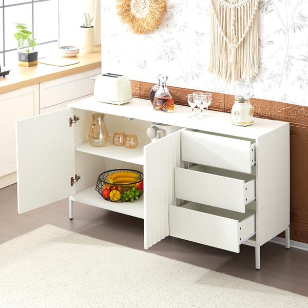 Hvid moderne minimalistisk buffet skænk, opbevaringsskab, bølget design, justerbar hylde, 3 skuffer, velegnet til stue