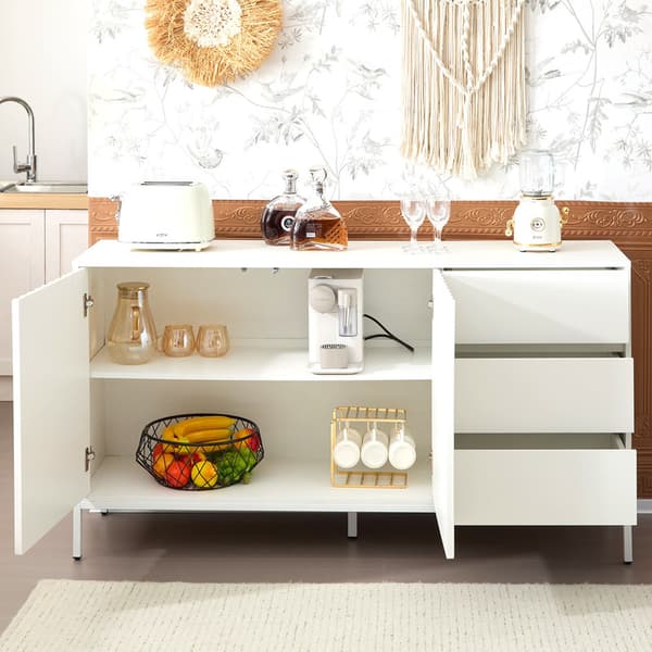Hvid moderne minimalistisk buffet skænk, opbevaringsskab, bølget design, justerbar hylde, 3 skuffer, velegnet til stue