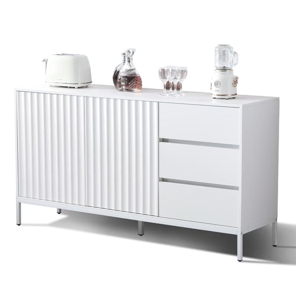 Hvid moderne minimalistisk buffet skænk, opbevaringsskab, bølget design, justerbar hylde, 3 skuffer, velegnet til stue