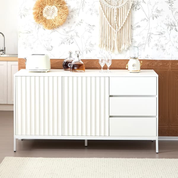 Hvid moderne minimalistisk buffet skænk, opbevaringsskab, bølget design, justerbar hylde, 3 skuffer, velegnet til stue