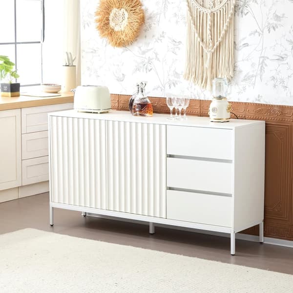 Hvid moderne minimalistisk buffet skænk, opbevaringsskab, bølget design, justerbar hylde, 3 skuffer, velegnet til stue