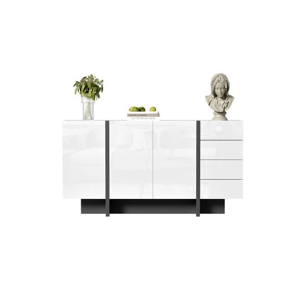 Vitt vit skänk, modern och elegant skänk med 2 dörrar och 4 lådor