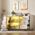 Miniatyrbillede 3 af 7: Hvid moderne buffet skænk, skænk, 6 skuffer, fjernbetjening LED-belysning og guld metalhåndtag til spisestue