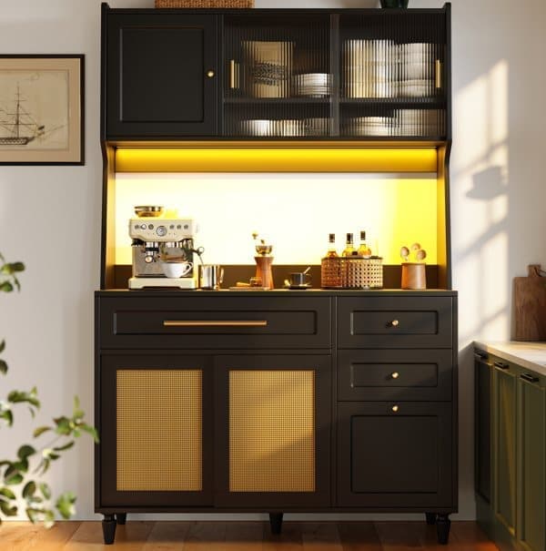 Musta Keittiön Kaappi, Korkea Kaappi, Vitriini, Buffetkaappi Säädettävillä Hyllyillä, Senkki Led-Valaistuksella, Pe-Rottinki,