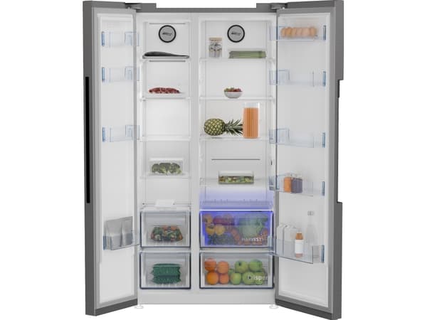 Beko GN1603140XBN, Fristående, Rostfritt stål, Amerikansk dörr, LED, LED, På dörren