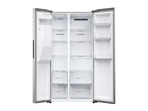 Haier SBS 90 Serie 5 HSR5918DIMP, Vapaasti seisova, Amerikkalainen ovi, Platina, Ruostumaton teräs, LED, R600a, Lasi