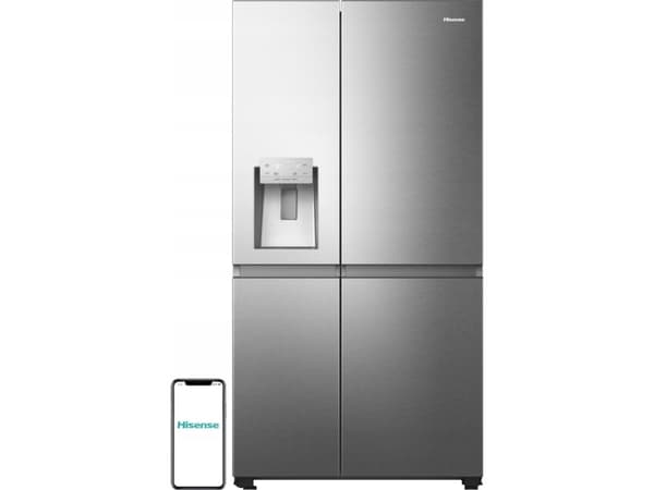 Hisense RS818N4TIE, Frittstående, Amerikansk dør, Rustfritt stål, LED, På dør, Herdet glass