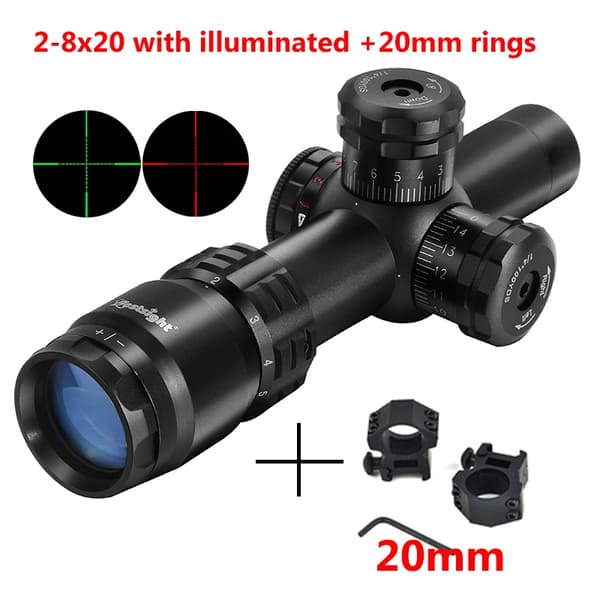 Riflesigte, 2-8x forstørrelse, oplyst, anden fokalplan,kikkert med 20mm