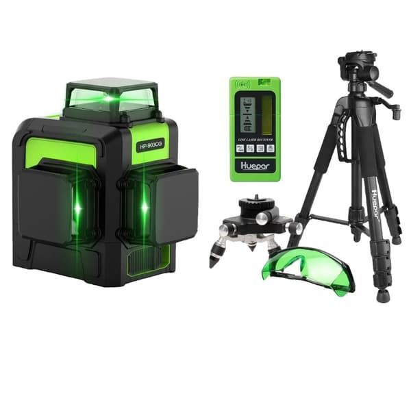 Huepar 12 linjer 3D Laser Niveau Sæt - Osram Grøn Stråle Selvnivellerende 360° med Modtager & Stativ SET-5
