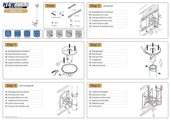 Neomounts FPMA-C100WHITE Monitor/TV mount ceiling 10-30" - h 79-129 cm
