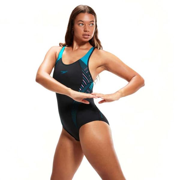Speedo Placement Laneback Badetøj Blå,Sort UK 32 Kvinde