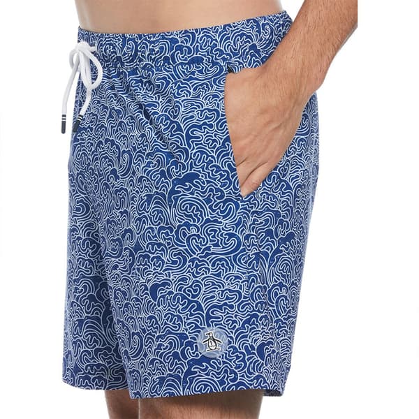 Original Penguin Recycled Polyester Stretch Outline Waves Badeshorts Boxer Blå XL Mand