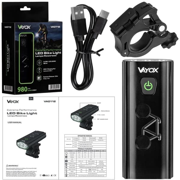 LED FORLYGTE TIL CYKEL USB-C VAYOX VA0112 VANDTÆT 980lm POWERBANK