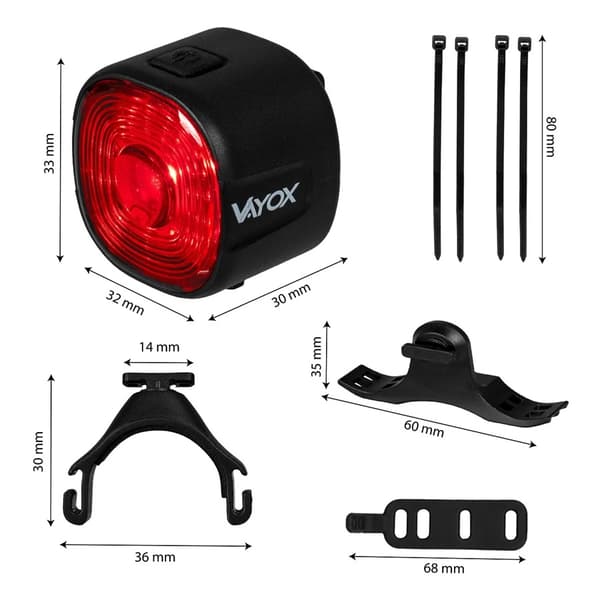 VAYOX VA0156 LED USB-C vedenpitävä polkupyörän takavalo 100lm