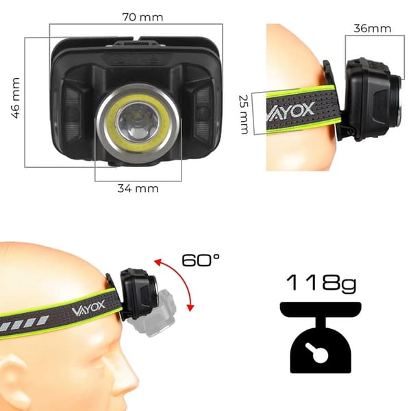 Vedenpitävä ladattava otsalamppu VA0025 VAYOX USB-C 430lm