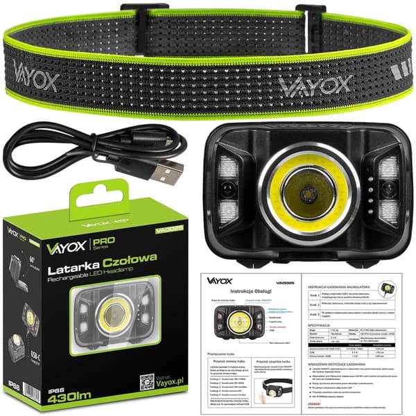 Vedenpitävä ladattava otsalamppu VA0025 VAYOX USB-C 430lm