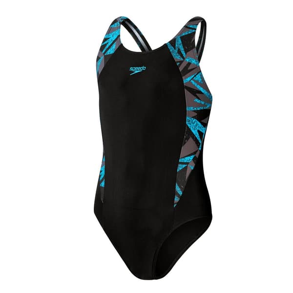 Speedo Girls Hyper Boom Splice One Piece Swimsuit Black/Blue 5-6 Years
