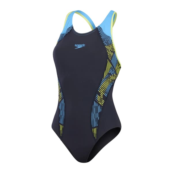 Speedo Womens/Ladies Placement Laneback One Piece Swimsuit Navy/Yellow 12 UK
