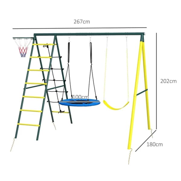 Rootz Gungställning för barn - 4 i 1 Gunga Gunga - Basketbåge - Klätterstege - Trädgårdsgunga - 3-8 år Barn - Plast+oxfordduk - Gul+grön+blå - 267L x