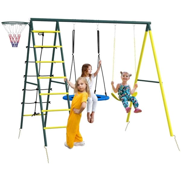 Rootz Gungställning för barn - 4 i 1 Gunga Gunga - Basketbåge - Klätterstege - Trädgårdsgunga - 3-8 år Barn - Plast+oxfordduk - Gul+grön+blå - 267L x