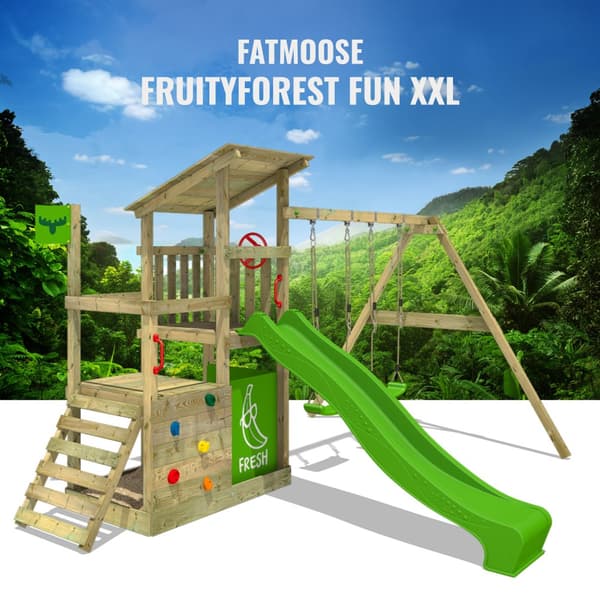 FATMOOSE Legetårn FruityForest med gynger og rutsjebane, Klatrestativ med sandkasse og klatrestige, æblegrøn
