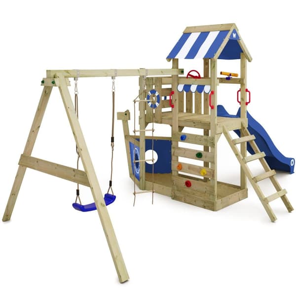 WICKEY Lekställning SeaFlyer med gunga och rutschkana, Lekstugor med sandlåda och klätterstege, blå