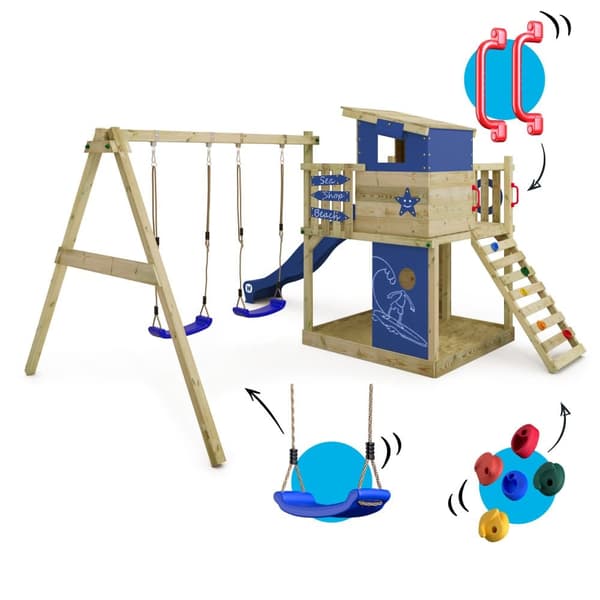 WICKEY Lekställning Smart Camp med gunga och rutschkana, Lekstugor med sandlåda och klätterstege, blå