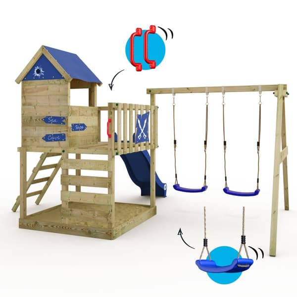 WICKEY Lekställning Smart Cave med gunga och rutschkana, Lekstugor med sandlåda och klätterstege, blå